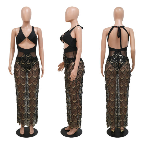 Sexy sling V-neck open back fashion split fringe bead dress
