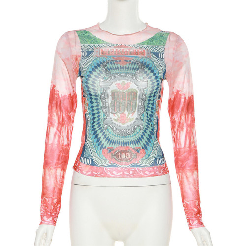 Fashion Print Round Neck Street Trendy Mesh Contrast Color Long Sleeve Top
