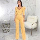 Sexy Fashion Solid Color Three-quarter Sleeve V-Neck Women's Jumpsuit