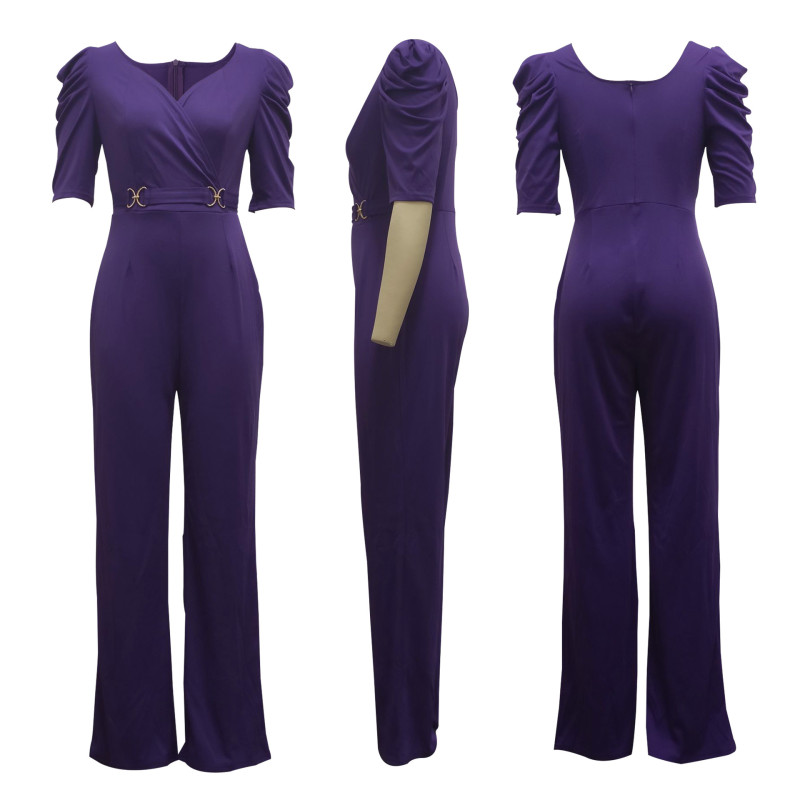 Sexy Fashion Solid Color Three-quarter Sleeve V-Neck Women's Jumpsuit