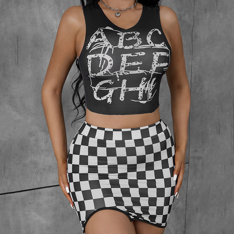 Sleeveless Vest Fashion Checkerboard Print Sexy Slim Pack Hip Skirt Suit