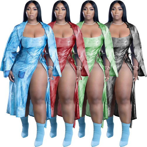 Women's Fashion Sexy Loose Slit Sling Imitation Denim Print Suit Skirt