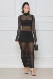 Sexy Solid Color Mesh Panel Long Sleeve Dress