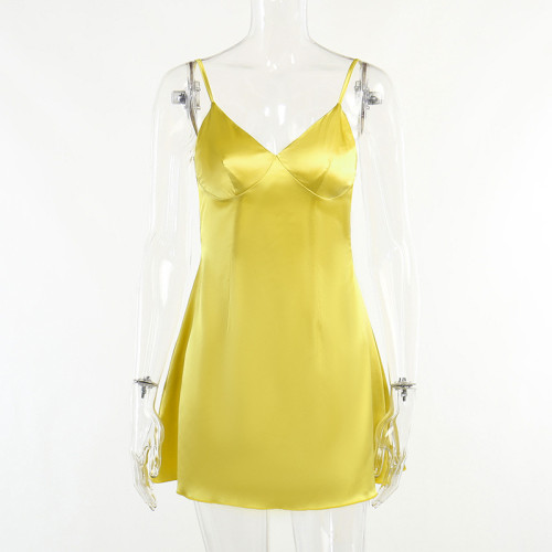 Sexy hot girl backless V-neck suspender dress Autumn solid color chest double-layer invisible zipper dress