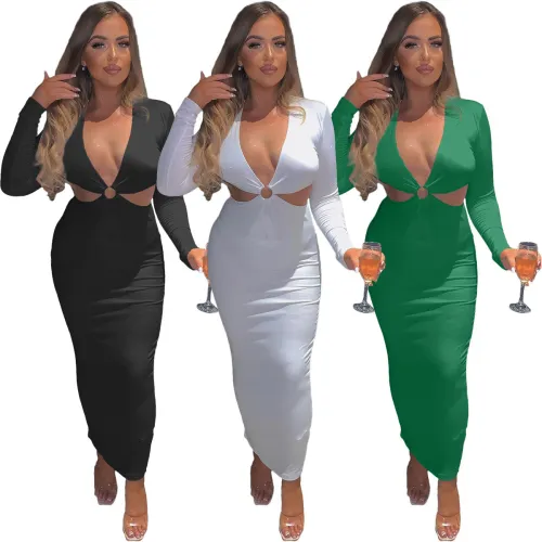 Solid color small pit strip V-neck steel ring hollow slim dress