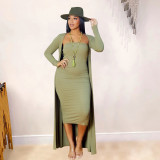 Solid color fashion tight sexy tube top bag hip skirt loose long coat two-piece set