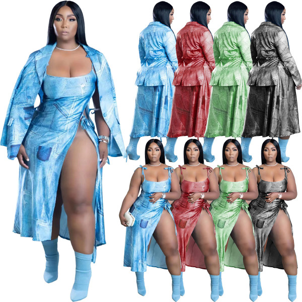Women's Fashion Sexy Loose Slit Sling Imitation Denim Print Suit Skirt