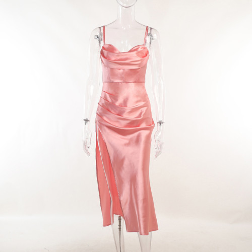 Pocket Collar Slit Satin Dress