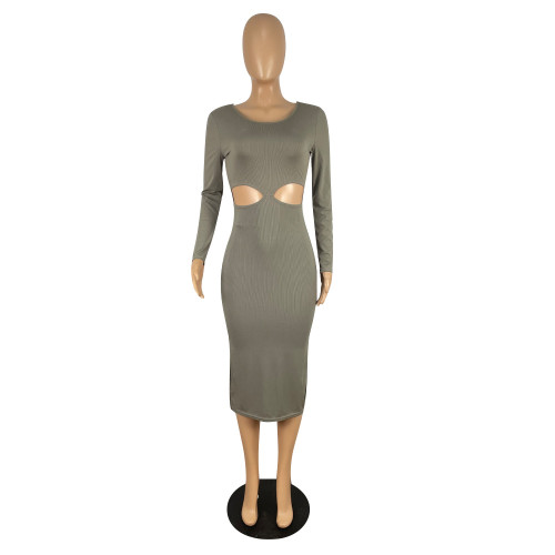 Solid color long-sleeved slit bandage pit-striped fabric sexy hip-lifting hollow seven-point skirt