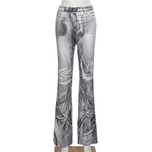 High Waist Fashion Print Street Shooting Slim Slim Casual Pants