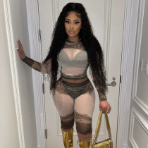 Dollar Print Crew Neck Long Sleeve Shorts Mesh Tracksuit