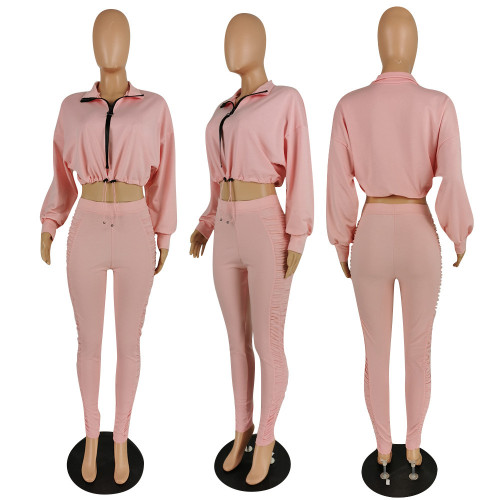 Solid Color Cotton Faux Trousers Shrinkage Crinkled Autumn/Winter Two-Piece Set