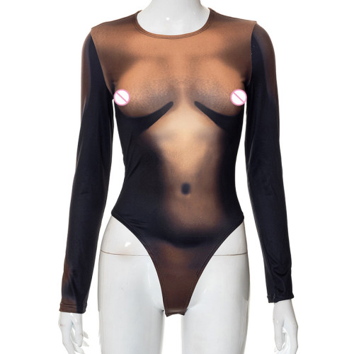 Round Neck Long Sleeve Sexy Body Print Long Bodysuit