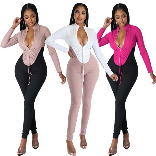 Fashionable temperament multicolor stitching slim jumpsuit