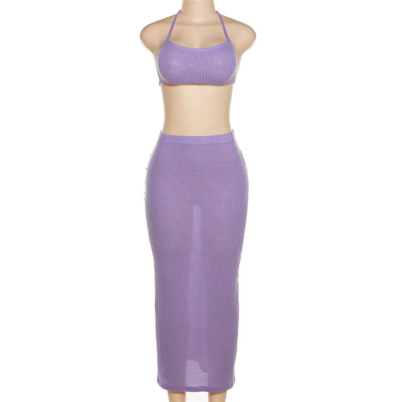 Sexy Cutout Knit Camisole High Waist Show Hips Long Skirt Set