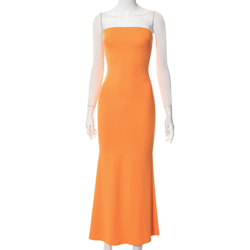 Fashionable word neck tube top solid color slim sexy fishtail dress