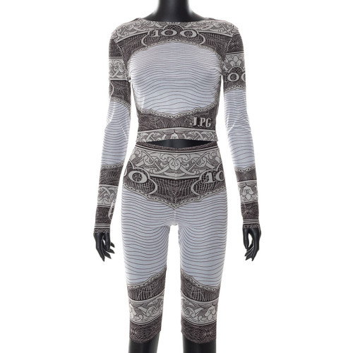 Dollar Print Crew Neck Long Sleeve Shorts Mesh Tracksuit