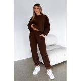 Solid Color Fleece Round Neck Pullover Long Sleeve Sweater Fashion Casual Pants Set