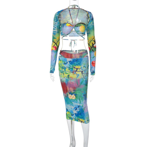 Printed Long Sleeve Cape Skirt Swimsuit Sexy Lace-Up Dress