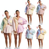 Women's Single Breasted Striped Colorblock Long Sleeve Shirt Top Two Piece Fashion Casual Short Suit