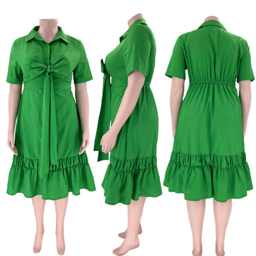 Plus Size Women's Solid Color Lapel Half Cardigan Top Fashion Lace Up Pleated Dress