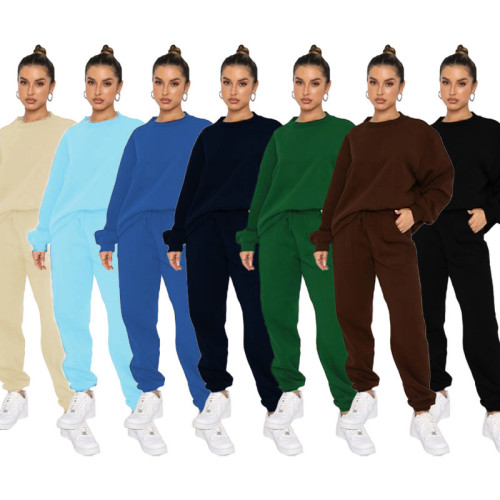 Solid Color Fleece Round Neck Pullover Long Sleeve Sweater Fashion Casual Pants Set