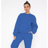 Solid Color Fleece Round Neck Pullover Long Sleeve Sweater Fashion Casual Pants Set