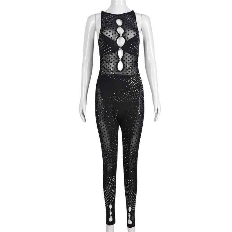 Sexy and fashionable autumn new hollow nail drill polka dot street jumpsuit