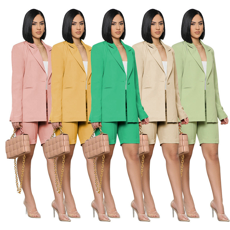 Simple style solid color long-sleeved suit jacket Fashion casual shorts suit