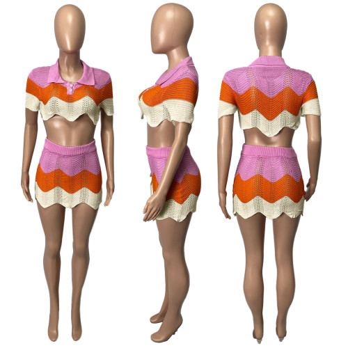 Fashion polo shirt wool knitted multicolor slim hip skirt two-piece set