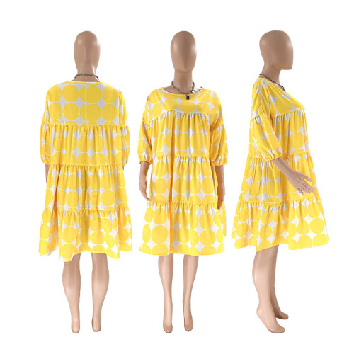 Fashionable and fresh big polka dot loose round neck mid-sleeve pleated dress