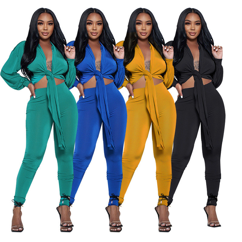 Solid Color Cardigan Tie Knot Long Sleeve Women's Two-piece Fashion Casual Tight Pants Set