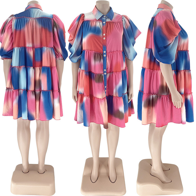 Tie Dye Print Lapel Pleated Shirt Fashion Casual Plus Size Women Dress