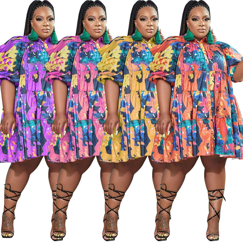 Graffiti Print Lapel Single Breasted Shirt Fashion Mid Length Plus Size Dress