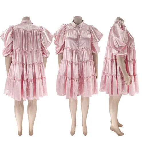 Lapel Pleated Mid Sleeve Shirt Fashion Casual Plus Size Dress