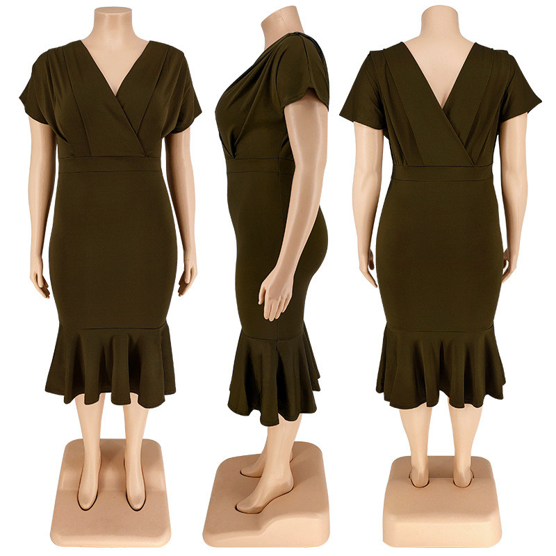 Personalized V-neck Solid Color Hip Pack Dress Dress