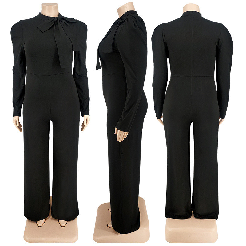 Plus Size Solid Color Bow Long Sleeve Pants Fashion Jumpsuit