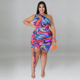 Plus Size Printed One Shoulder Sleeve Sexy Drawstring Hip Dress