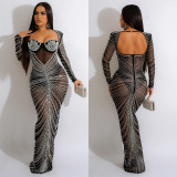 Fashion women's hot drill mesh see-through long-sleeved long dress