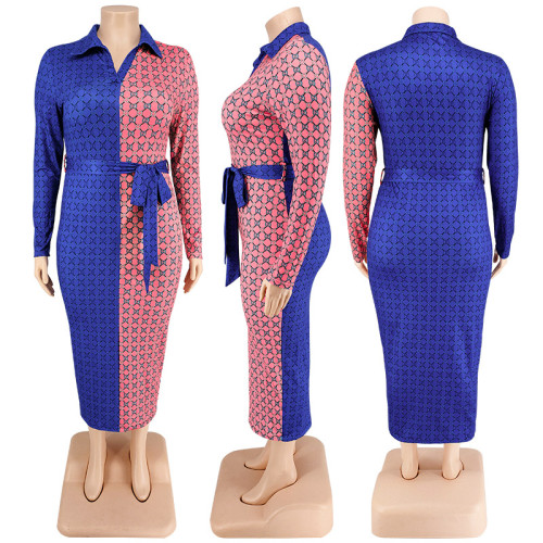 Plus Size Long Sleeve Shirt Collar Colorblock Dress