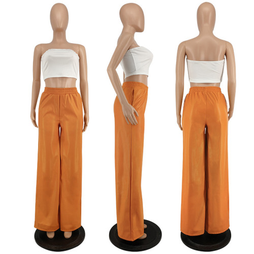 Fashion Solid Faux Leather Wide Leg Pants