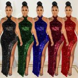 Fashion Women's Sequin Perspective Solid Color Sleeveless Halter Dress
