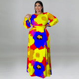 Plus Size Women's Long Sleeve Long Dress Big Flower Print Fashion Dress