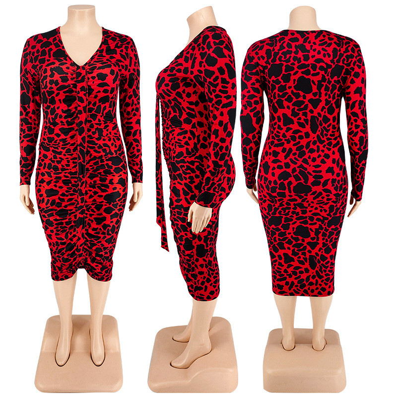 Plus Size Women's Sexy Bag Hip Leopard Print Multicolor Long Sleeve Long Dress