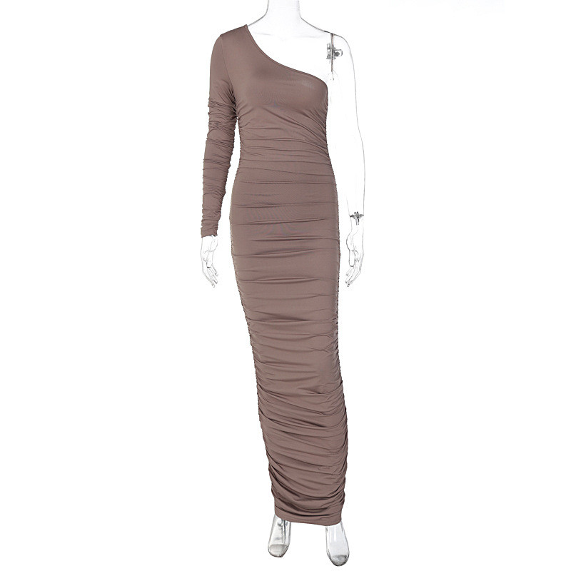 Fashionable One Shoulder Long Sleeve Crinkled Slim Dress