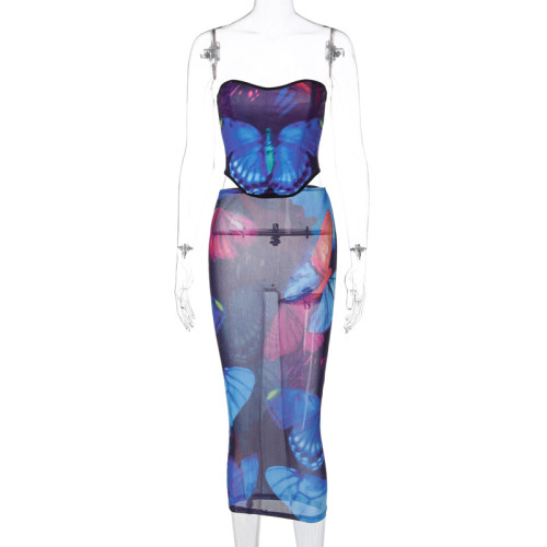 Printed backless lace-up tube top slim fit skirt suit