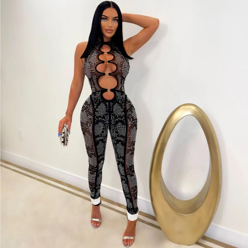 Fashion Women's Mesh See Through Ironing Drill Sleeveless Trousers Jumpsuit