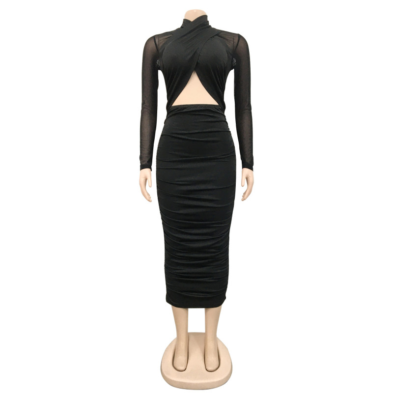 Fashion Women's Mesh Long Sleeve Solid Color Wrap Breast Cropped Navel Dress