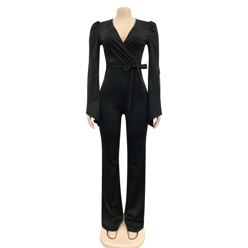 Solid Color Sexy Deep V Tie Ruched Wide Sleeve Trousers Jumpsuit