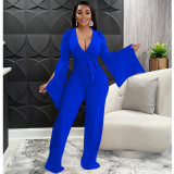 Solid Color Sexy Deep V Tie Ruched Wide Sleeve Trousers Jumpsuit